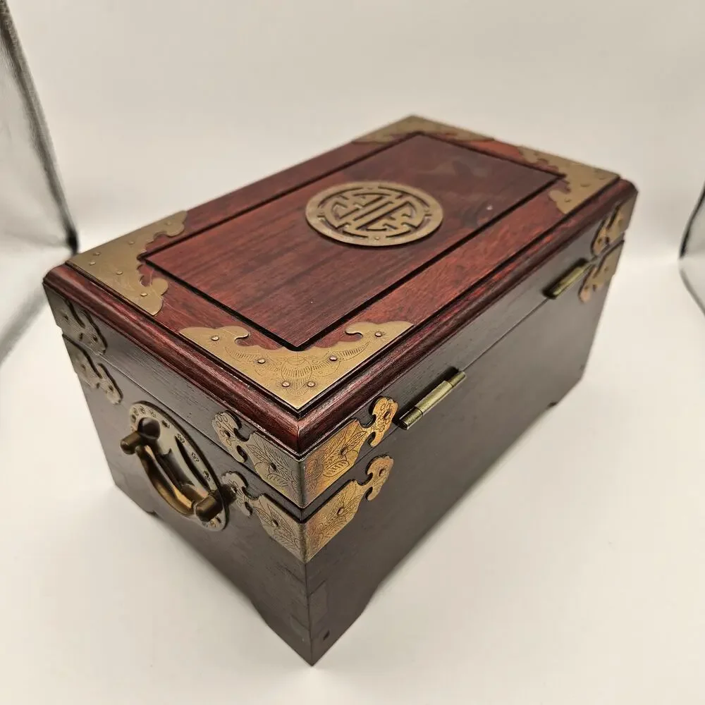 CHINESE STYLE WOODEN JEWELRY BOX W KEY BRASS LOCK RED LINED ORGANIZER